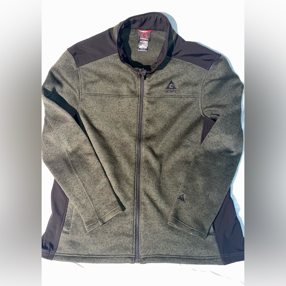 Gerry Mix Media Jacket Sweater Full Zip Mens Size XXL Green Black Waffle Knit